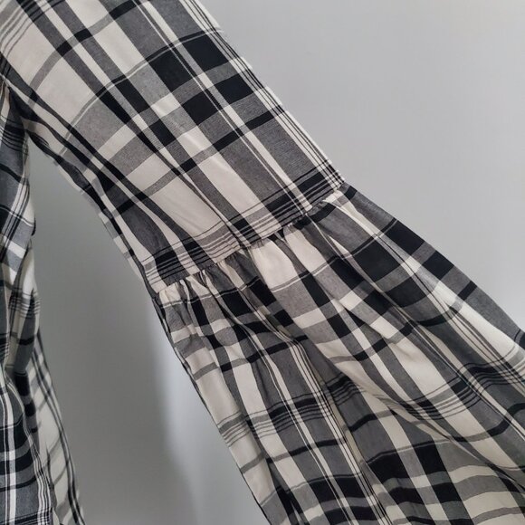 Black & White Plaid Button Down Shirt Blouse Checks  Balloon Sleeves Baby Doll - Picture 3 of 8
